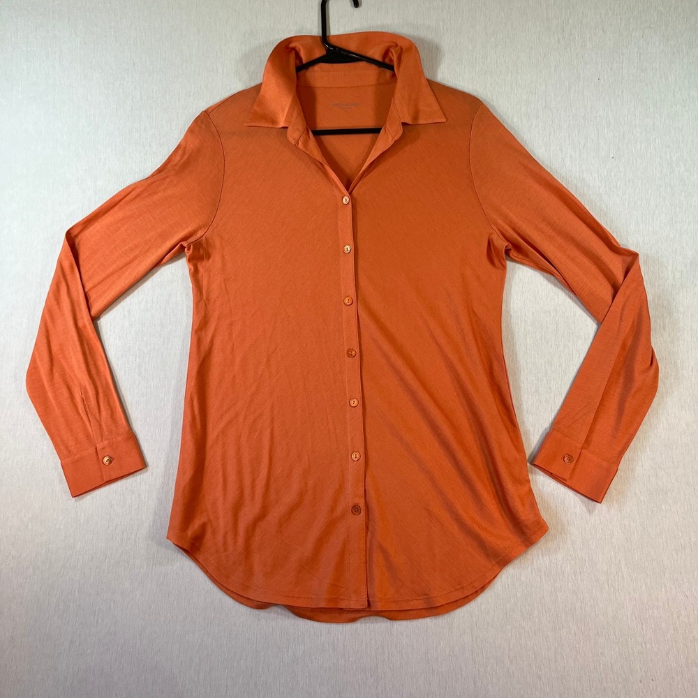 Eileen Fisher Top XS Silk Cotton Jersey Orange Long Sleeve Button Down Shirt